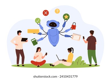 AI artificial intelligence to work on business achievement with productivity, multitasking. Tiny people control effective multitask robot of online service with many arms cartoon vector illustration