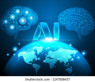 AI Artificial intelligence with World map cyber digital and Robot,Human Brain  concept.Vector illustration 