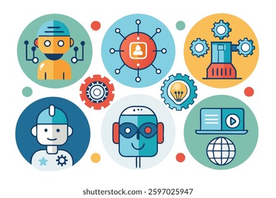 AI Artificial intelligence yellow line icon set, Artificial intelligence AI with binary, cybernetic, machine learning, robotic, AI solving
