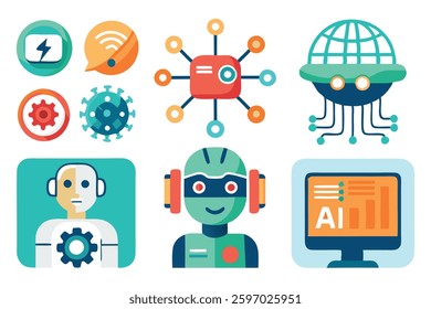 AI Artificial intelligence yellow line icon set, Artificial intelligence AI with binary, cybernetic, machine learning, robotic, AI solving