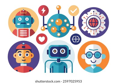 AI Artificial intelligence yellow line icon set, Artificial intelligence AI with binary, cybernetic, machine learning, robotic, AI solving