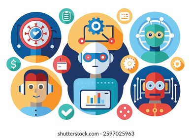 AI Artificial intelligence yellow line icon set, Artificial intelligence AI with binary, cybernetic, machine learning, robotic, AI solving