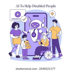 AI Assistance Concept. Friendly robot interacting with a disabled person, offering support and companionship, with family nearby. Vector illustration.