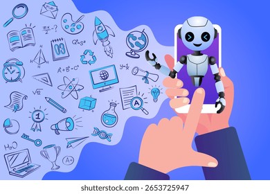 Robot amigable con el concepto de asistencia aérea en un teléfono inteligente con bombilla brillante, que simboliza la innovación, las soluciones y la tecnología moderna. Perfecto para temas de comunicación de negocios e inteligencia digital