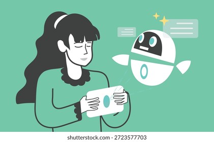 Ayuda con la tableta, la comunicación y las ideas creativas generativas, utilizando dispositivos de teléfono inteligente, ilustración y arte conceptual de tecnología futura. 