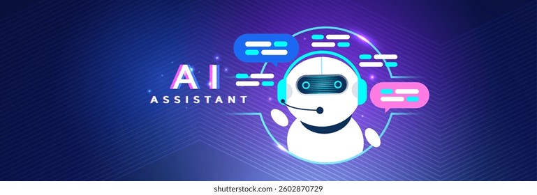 AI Assistance technology with a futuristic theme. A cute AI robot interacts with you displaying a speech bubble, surrounded by glowing digital elements.