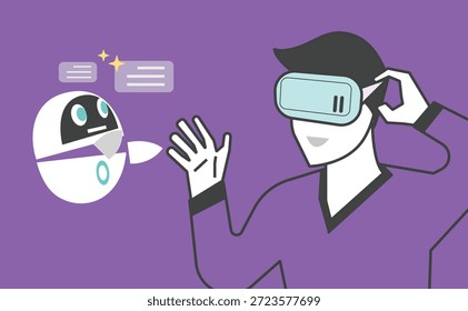 Assistência de Ia com fone de ouvido VR, comunicação e ideias criativas gerativas, usando dispositivos de telefone inteligente, ilustração ai arte conceitual de tecnologia futura.