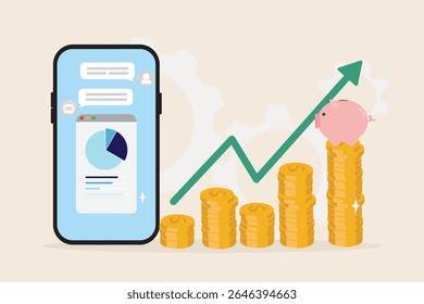Assistente de IA, análise de dados de inteligência artificial para investimento financeiro e conceito de gerenciamento de dinheiro. Alto retorno e crescimento ganhando ilustração de vetor plana.