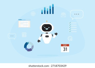 Asistente de IA, ayudante de inteligencia artificial para planificar o administrar el concepto de rutina diaria. Software o programa para el análisis de datos. Chatea con un lindo robot o Ilustración vectorial de desarrollo de entrenamiento de IA.