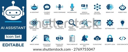 AI assistant and artificial intelligence technology vector icon set. Editable UI symbols for chatbot, machine learning, and automation.