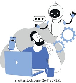 Assistente de IA que auxilia o empresário on-line. Funcionário de escritório usando notebook com sistema de suporte de IA virtual na tela. O assistente digital inteligente oferece sugestões, análise de dados e automação. Veto plano