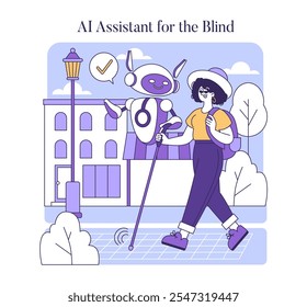 Asistente de IA para el concepto de ciego. Una ilustración que muestra a un robot ayudando a una persona con discapacidad visual con la navegación en un entorno urbano. Asistencia en tecnología de accesibilidad. Ilustración vectorial.