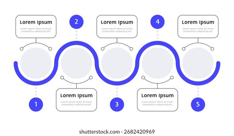 PLANTILLA de infografía de línea de onda azul asistente de IA. Tecnología de aprendizaje automático. Visualización de datos con 5 pasos. Diseño de Vector de proceso vacío. Opciones en blanco editables en gráficos