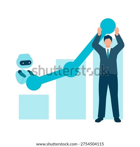 AI assistant and businessman analyzing bar chart graph, growth strategy, data visualization, business success, financial progress, artificial intelligence analytics, profit increase, DX solution