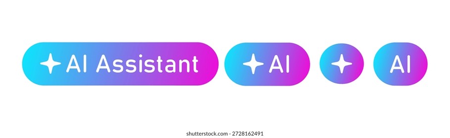 AI assistant button. AI star icon. Artificial intelligence symbol. Gradient blue purple digital AI robot smart assistant. Modern design element. Vector illustration isolated on white background.