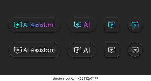 AI assistant button user interface. Artificial intelligence bot support press button in trendy neumorphic style for app, website, and interfaces. UI UX elements. Vector illustration.