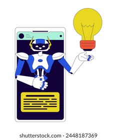 AI assistant cellphone 2D linear cartoon object. Idea generation algorithm mobile phone isolated line vector element white background. Artificial intelligence chatbot color flat spot illustration