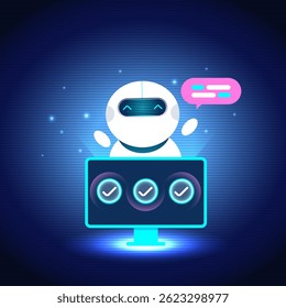 O personagem chatbot do AI Assistant aparece em uma tela brilhante, mostrando a conclusão da tarefa com marcas de seleção e um balão de fala em um plano de fundo digital futurista.