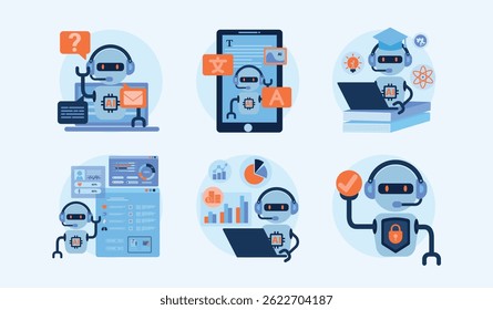 AI assistant concept. Artificial Intelligence technology for data analysis, research, planning and work generate.Technology smart robot AI agents and agentic workflows.Vector illustration flat design.