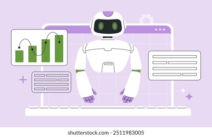 AI assistant creates text content and helps with different tasks, to find solutions for business and finances, high tech prompt engineering concept. Flat vector illustration isolated on background