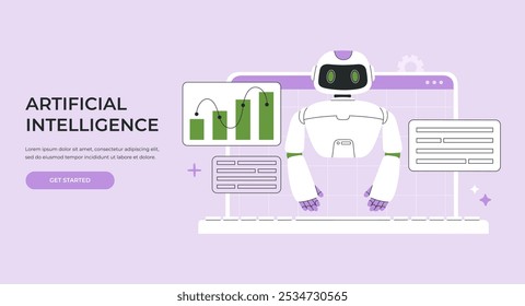 AI assistant creates text content and helps with different tasks, to find solutions for business and finances, high tech prompt engineering concept. Flat vector illustration for website, landing page