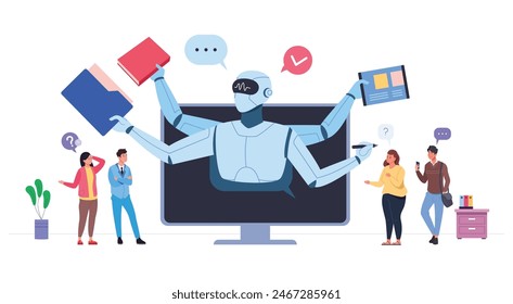 Ai assistant customer. Assistive technology artificial intelligence, automated ecommerce consulting service chatbot answer faq query support robot digital learn vector illustration