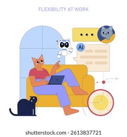 AI assistant enables flexible work environments, enhancing productivity through innovative collaboration. The illustration shows a relaxed individual interacting with AI while being accompanied by