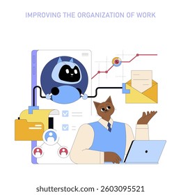 AI assistant enhances workplace organization through streamlined communication and task management. The illustration depicts a cozy workspace, illustrating productivity, efficiency, and innovation.