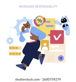 AI assistant enhances workplace productivity and responsibility. A character analyzes data while engaging with a chatbot, representing efficient task management and collaboration in modern work