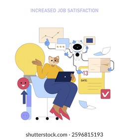 AI assistant enhancing workplace engagement leads to increased job satisfaction. The illustration captures a blend of productivity tools and positive emotions through an entertaining character