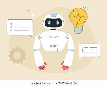 AI assistant generate creative ideas, chat bot helps to brainstorm and find solution for business. Artificial intelligence concept, light bulb and gear on isolated background. Flat vector illustration