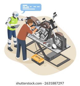 AI assistant helping a man repair a motorcycle as a hands-on hobby in a modern workshop with real-time guidance and learning support