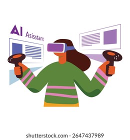 Ícone assistente de IA: ilustração vetorial plana futurista com elementos de RV, perfeito para apresentar soluções tecnológicas inovadoras.