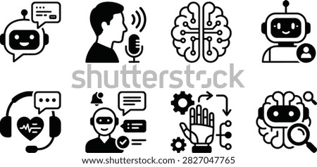 AI Assistant Icon Set, Chatbot, Virtual Voice Helper, Intelligent Brain, Smart Robot, Customer Support Bot, Personal Digital Helper, Automation Tool, Search Companion