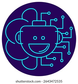 Ícone do assistente do AI. Pictograma vetorial com linhas finas sobre um fundo circular azul escuro. Rosto de robô sorridente com conexões neurais, simbolizando inteligência artificial, chatbot e assistente digital