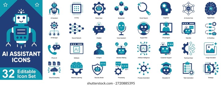 Ícones do assistente do AI definidos. Smart chatbot, agente virtual, cérebro neural, automação bot, mecanismo de decisão, assistente digital, aprendizado de máquina, fluxo de trabalho de IA, suporte cognitivo, inteligente e muito mais.