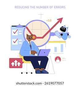 AI assistant improves work efficiency by reducing errors in task management. The illustration shows a character engaged in digital tasks with a rising performance graph and an AI companion.
