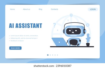 AI assistant. Landing page template. Chatbot service. Online customer support and FAQ. Artificial intelligence. Vector illustration in flat cartoon style.