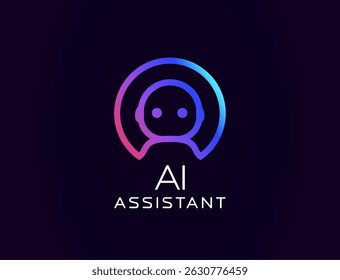 AI assistant logo with friendly robot avatar in headset, glowing gradient outline. Ideal for virtual help tools, customer support bots, tech branding. Vector illustration.