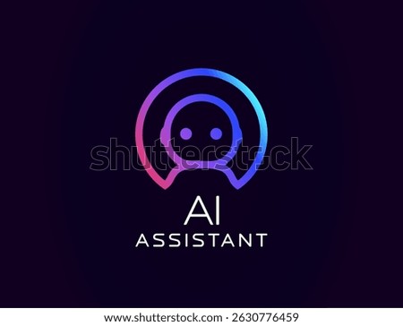 AI assistant logo with friendly robot avatar in headset, glowing gradient outline. Ideal for virtual help tools, customer support bots, tech branding. Vector illustration.