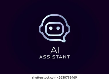 AI assistant logo with robot face in speech bubble shape, glowing futuristic lines. Ideal for chatbots, digital helpers, smart support tools, tech branding. Vector illustration.
