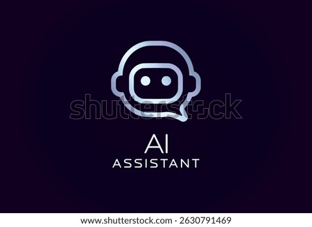 AI assistant logo with robot face in speech bubble shape, glowing futuristic lines. Ideal for chatbots, digital helpers, smart support tools, tech branding. Vector illustration.