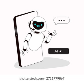 Conceito de aplicativo móvel do Assistente de IA. AI Helper Robot Appearing from Smartphone Interface. Botão Gerar. Clipart de vetor. 