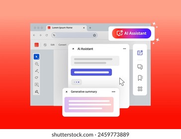 AI Assistant in pdf reader. Generative summary answer from artificial intelligence. Interface of program for portable document Format.Vector illustration.