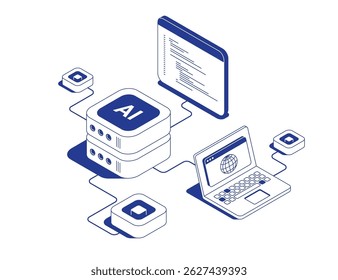 Assistente de IA para o conceito de programador. Laptop Conectado ao Servidor de Inteligência Artificial com Janela do Navegador Mostrando Ilustração do Vetor de Contorno de Linha Isométrica de Código