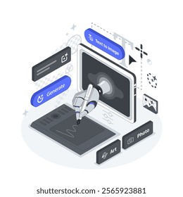 Ai Assistant in Raster Graphic Editor. Isometric vector illustration. Generate button. Text to image. The Hand comes out of the Screen and draws on the tablet