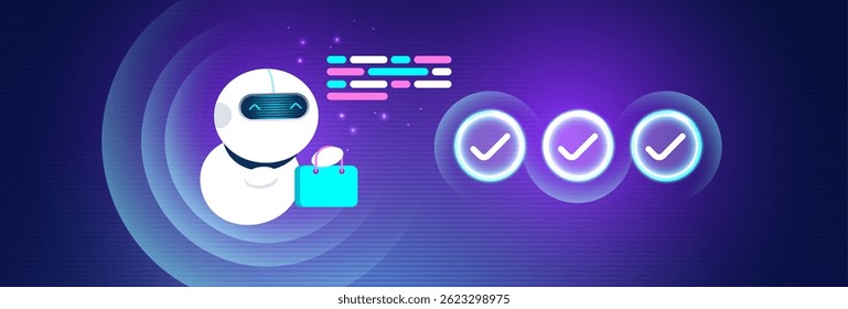 Robô assistente AI segurando uma sacola de compras com marcas de verificação brilhantes e elementos de código em um fundo roxo futurista, simbolizando a automação de compras inteligente.