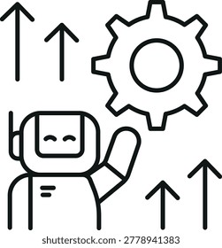 Ai assistant robot line icon gear arrow, cute digital helper success optimization concept