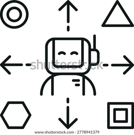 Ai assistant robot outline minimal icon with arrow direction and geometric shape line art calm concept