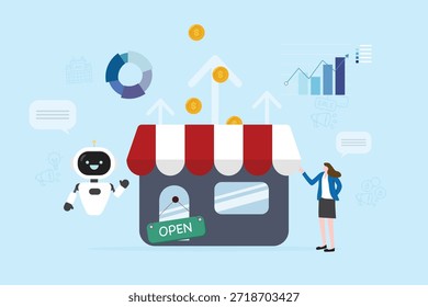 AI asistente robot planificación promoción publicidad para marketing de negocios evaluación venta pronóstico de Plan. Gráficos, tablero de instrumentos y gráficos digitales. Hombre de negocios utiliza la tecnología inteligente de inteligencia artificial.